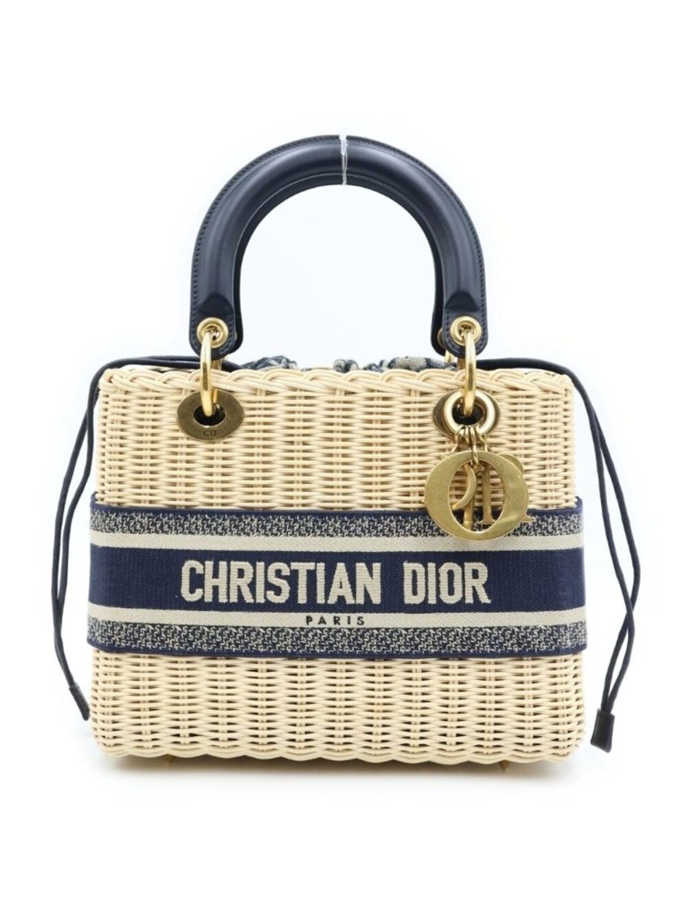 Dior Oblique Lady Medium 2-Way Shoulder Bag Basket Beige Navy Gold